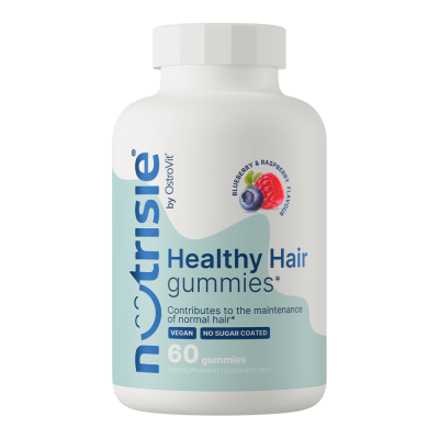 Frasco branco de suplemento alimentar Notrisie Healthy Hair gummies