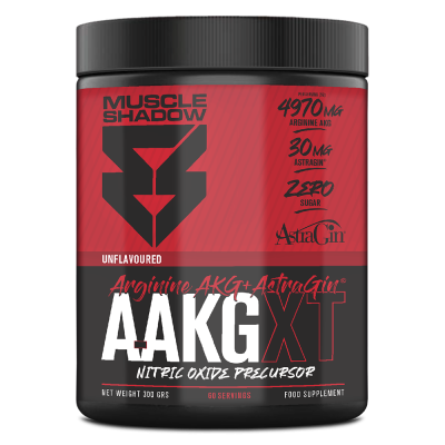 Frasco de suplemento alimentar Muscle Shadow A-AKG XT preto e vermelho