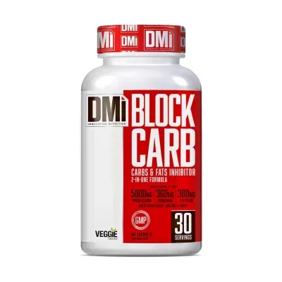 Frasco suplemento alimentar DMI BLOCK CARB branco e vermelho