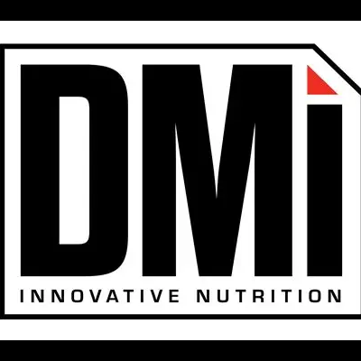 Logótipo DMi Innovative Nutrition com formato de folha de papel e canto vermelho
