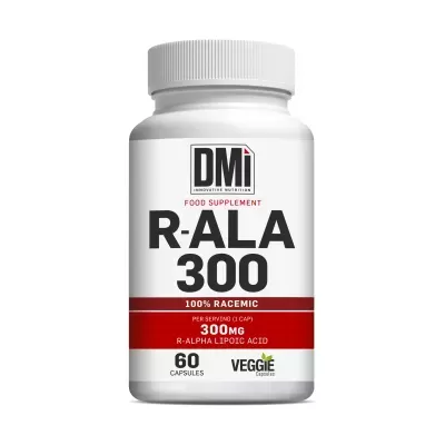 Frasco branco de suplemento alimentar DMi R-ALA 300