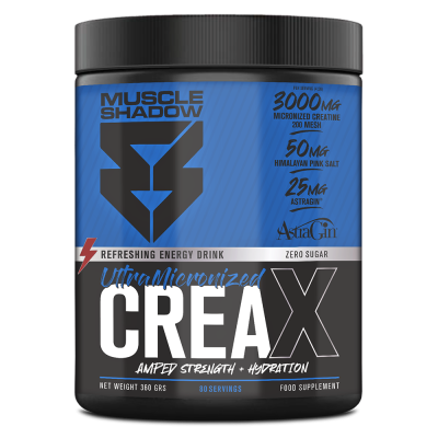 Suplemento alimentar Muscle Shadow Ultra Micronized CreaX em pote preto e azul