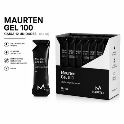 Caixa preta com 12 géis energéticos Maurten Gel 100