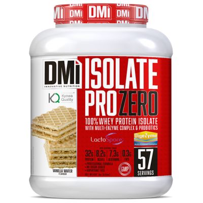 Recipiente branco de suplemento DMi Isolate Pro Zero sabor Vanilla Wafer