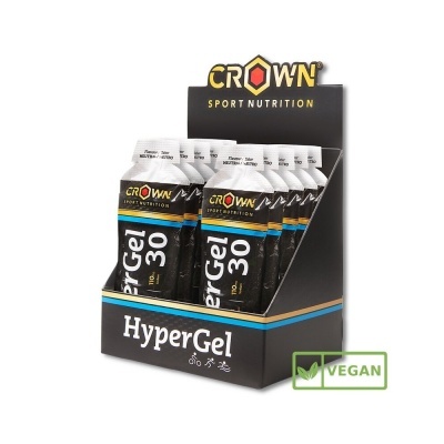 Expositor com saquetas de gel energético CROWN SPORT NUTRITION HyperGel 30 e selo VEGAN