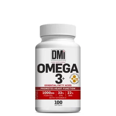 Frasco de suplemento alimentar Omega 3+ DMi com 100 cápsulas moles