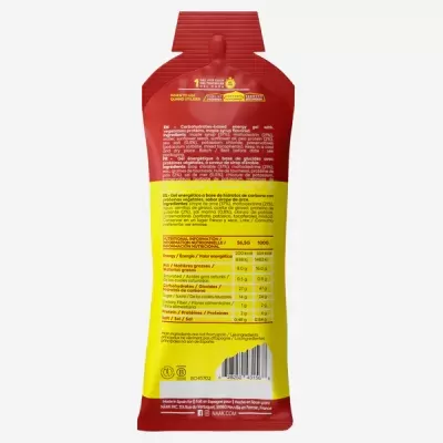 Pacote flexível vermelho e amarelo com texto nutricional e código de barras