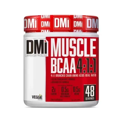 Frasco de suplemento DMi Muscle BCAA 4:1:1 com rótulo branco e vermelho