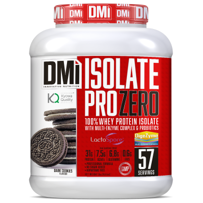 Frasco branco de suplemento DMi Isolate Pro Zero sabor Dark Cookies com rótulo vermelho e branco
