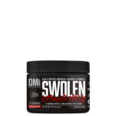 Embalagem preta de suplemento pré-treino SWOLEN Ultimate NRG com texto branco e vermelho
