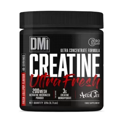 Frasco preto de suplemento DMi creatina ultrafina com tampa preta