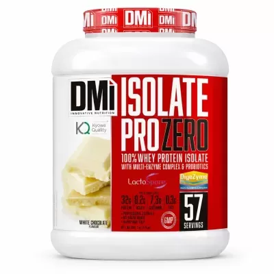 Frasco de suplemento DMi ISOLATE PRO ZERO sabor White Chocolate