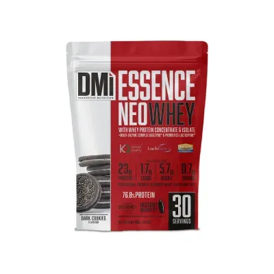 Embalagem vermelha e branca de suplemento proteínas DM INNOVATIVE NUTRITION ESSENCE NEO WHEY sabor Dark Cookies