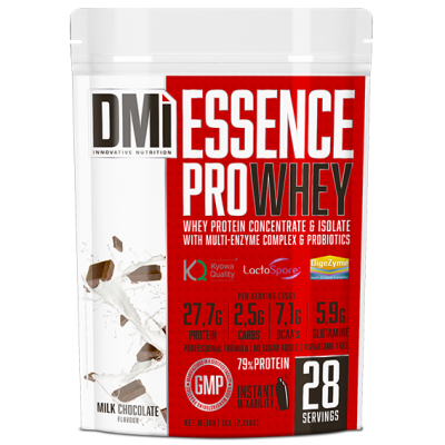 Embalagem de suplemento proteico Essence Pro Whey sabor Milk Chocolate