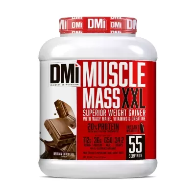 Suplemento alimentar Muscle Mass XXL sabor chocolate em embalagem branca e vermelha