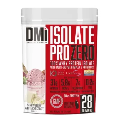 Embalagem vermelha e branca de suplemento de proteína isolada com imagens de gelado de morango e chocolate branco