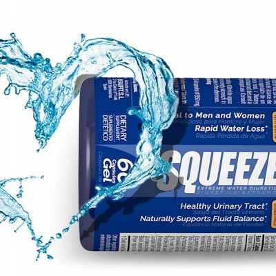 Frascos azuis do suplemento SQUEEZE com texto publicitário em espanhol e respingos de água azul em formato de coração