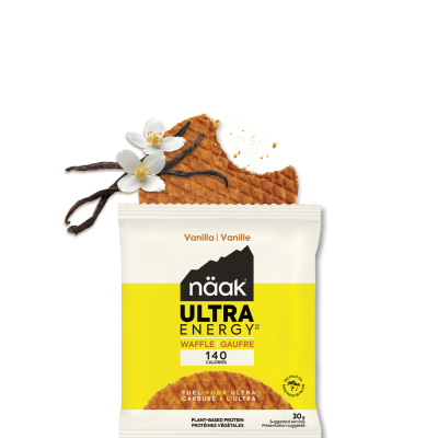 Pacote de bolacha waffle näak sabor baunilha com elementos decorativos de baunilha