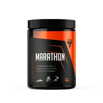frasco preto de suplemento MARATHON com detalhes em laranja