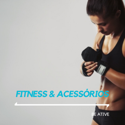 Mulher com roupa fitness preta e bandagens nas mãos com texto promocional