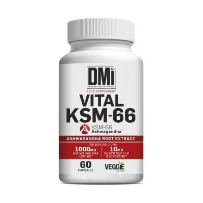 Frasco branco de suplemento alimentar Vital KSM-66 com texto detalhado em branco, preto e vermelho