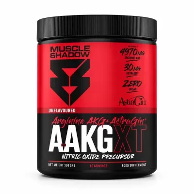 Frasco preto e vermelho de suplemento alimentar AAKG XT com texto em destaque