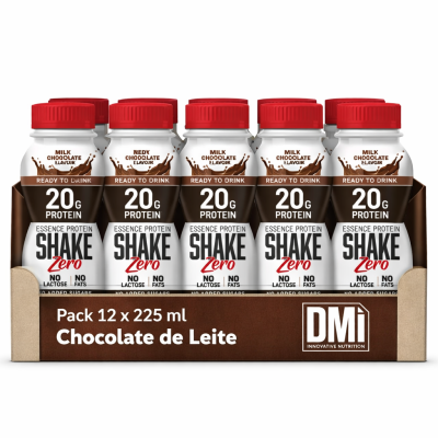 Pack de 12 garrafas de proteína de chocolate de leite com tampa vermelha e embalagem marrom