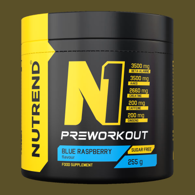 Frasco de suplemento alimentar Nutrend Preworkout sabor Blue Raspberry