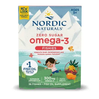Embalagem suplemento alimentar Nordic Naturals Omega-3 Fishies com ilustração de criança e frutas