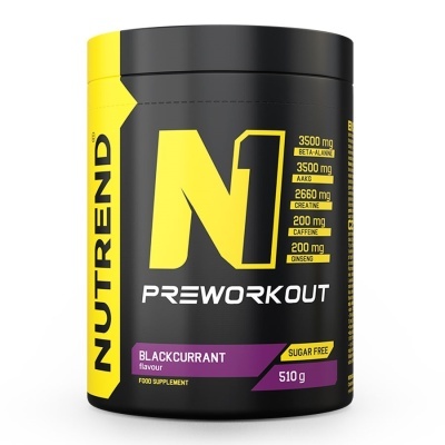 Embalagem preta e amarela de suplemento Nutrend N1 Preworkout sabor groselha preta