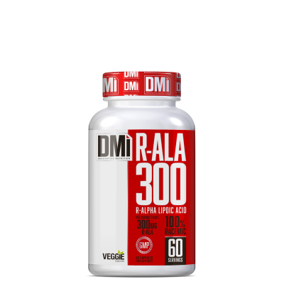 Frasco de suplemento R-ALA 300 de ácido alfa lipoico com embalagem branca e vermelha