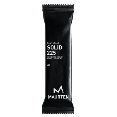 Barra alimentar desportiva Maurten Solid 225 embalagem preta com texto branco