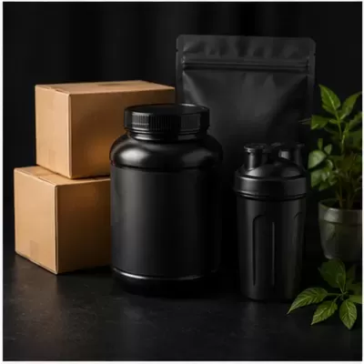 Conjunto de embalagens para suplementos alimentares em preto e castanho com plantas verdes