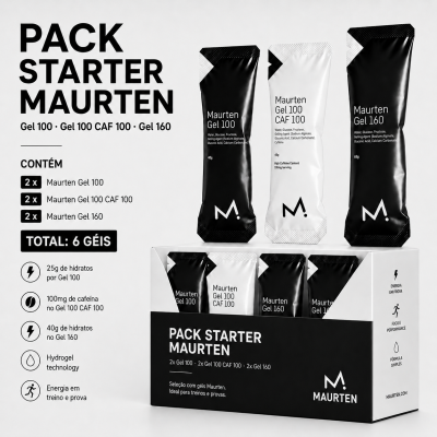Pack Starter Maurten com 6 géis energéticos em embalagens preta e branca