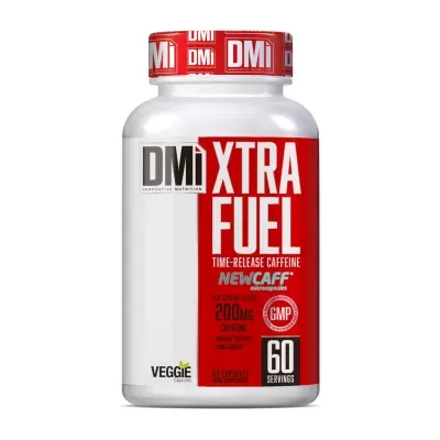 frasco de suplemento alimentar DMi XTRA FUEL vermelho e branco