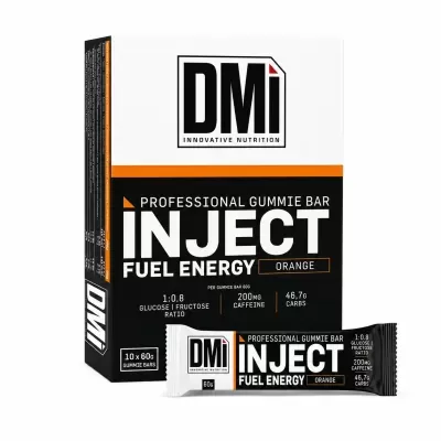 Embalagem de barras energéticas DMi INJECT Fuel Energy sabor laranja com texto e detalhes em preto, branco e laranja