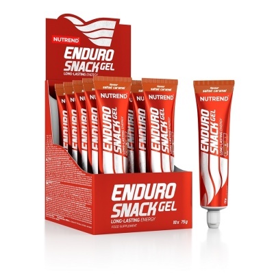 Embalagem vermelha com tubos vermelhos de gel energético Nutrend Enduro Snack Gel sabor salted caramel