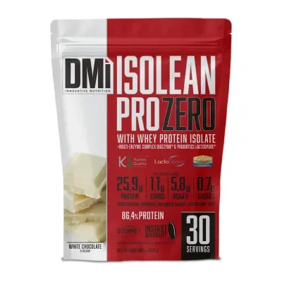 Saco vermelho e branco de suplemento DM ISOLEAN PROZERO sabor White Chocolate