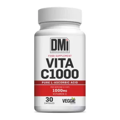 Frasco branco de suplemento alimentar VITA C1000 da marca DMi.