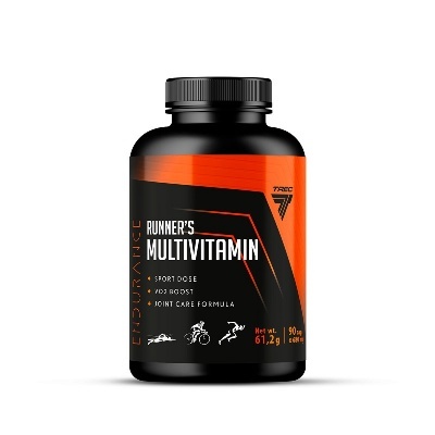 Frasco preto de multivitaminas para corredores com rótulo preto e laranja