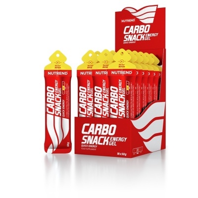 Caixa vermelha de gel energético NUTREND Carbo Snack Energy Gel com sachês individuais