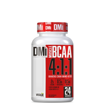 Suplemento MUSCLE BCAA 4:1:1 da DMI em embalagem branca com rótulo vermelho e branco.