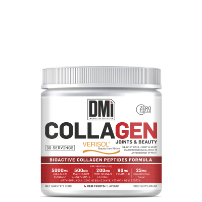 Frasco branco de suplemento DMI Collagen Verisol com rótulo preto e vermelho, tampa branca