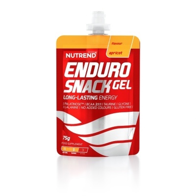 Embalagem vermelha e laranja de gel energético Nutrend Enduro Snack Gel sabor apricot