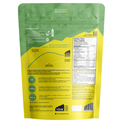 Embalagem de suplemento alimentar amarelo e verde com texto e gráficos nutricionais.