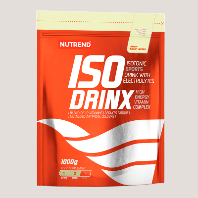 Embalagem vermelha e prateada de suplemento alimentar Nutrend ISO DRINX 1000g