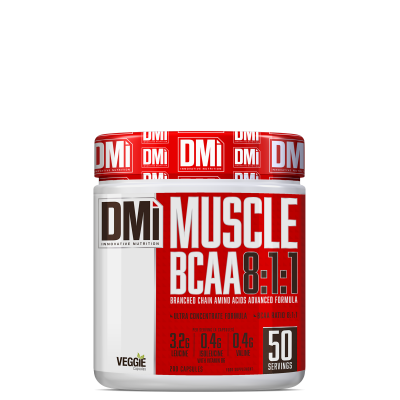 Frasco de suplemento DMi Muscle BCAA 8:1:1 de 210 cápsulas