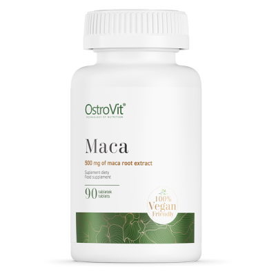 frasco branco de suplemento OstroVit Maca com rótulo verde e texto informativo