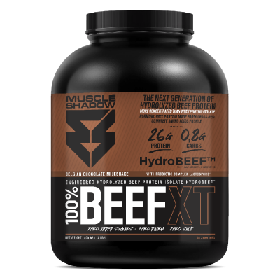 Frasco preto de suplemento Muscle Shadow 100% BEEFXT sabor chocolate