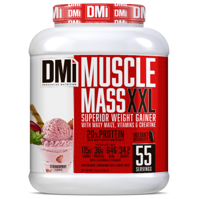 Pote de suplemento Muscle Mass XXL sabor morango